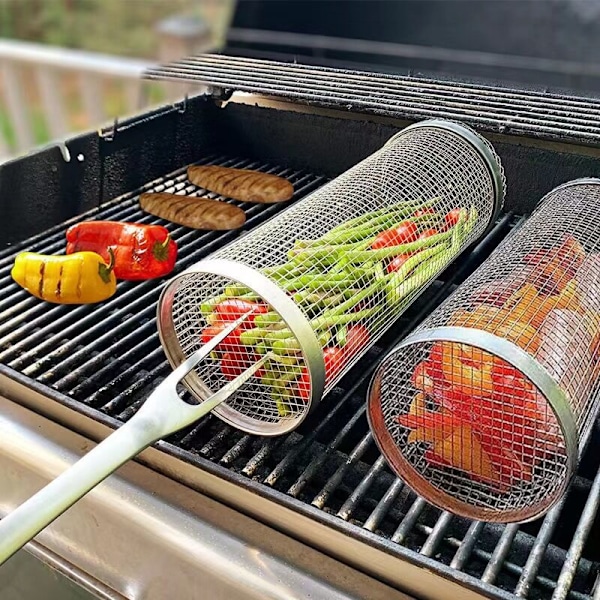 2 stk. 20 cm grillkurv i rustfritt stålnett, rund grillbur, roterende trommel, bærbar PC-nett