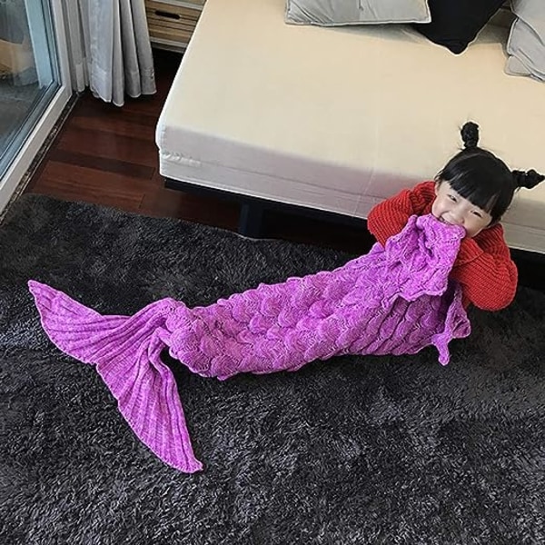 Sjøjungfruhaleteppe, 140 x 70 cm, mørk rosa, varmt sofa-sengteppe til alle årstider, quiltet stueteppe, sovepose for barn, fiskeskjell