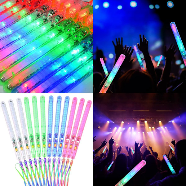 12-pakning LED-lyssticks med 7 blinkende lysmoduser for konsert, raves, bursdag, fest