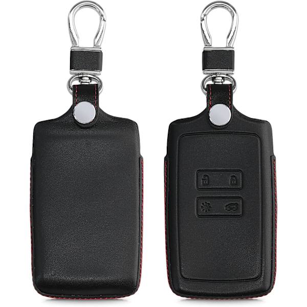 Renault Smart Key 4-painikkeinen yhteensopiva kuori (vain Keyless Go) - Musta-punainen - Aito nahkainen avaimen kuori avaimenperällä
