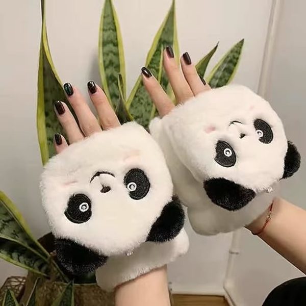 Vinterhandskar utan fingrar för kvinnor, flickor, plyschpanda, pälsvantar, varma, halvfingrade, konvertibla handskar