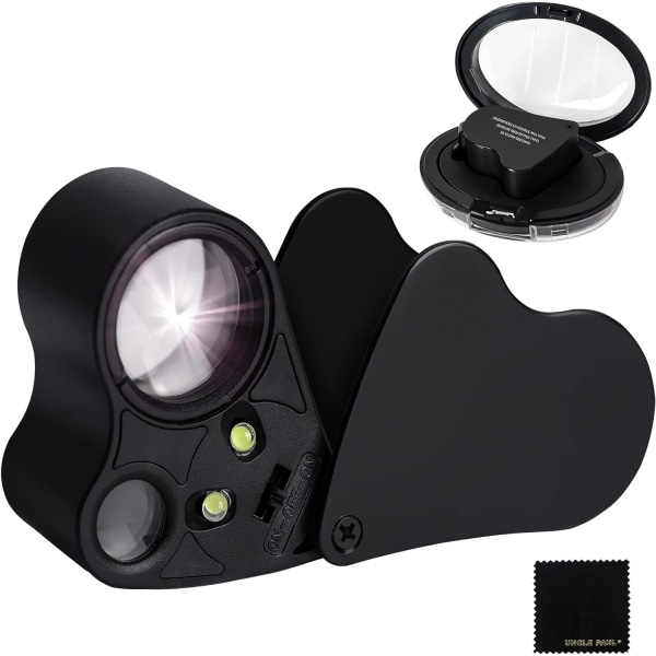 30X 60X opplyst lommeforstørrelsesglass - svart sammenleggbar øyeforstørrelsesglass med LED-lys