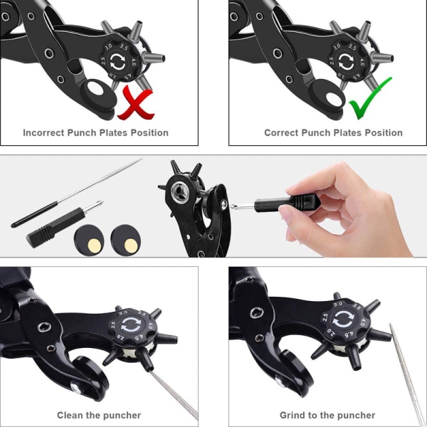 Heavy Duty roterende hullstempel belte skinnstempel med 2 ekstra hullplater, linjal, slipestav for belter, håndverk, kort, gummi