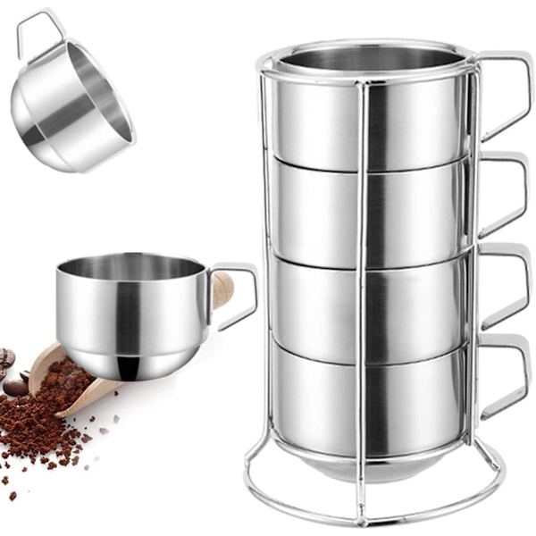 Rostfritt stål kaffekoppar set om 4 muggar, stapelbara dubbla värmeisolering metall kaffekoppar med ställ rack, (6,8 oz/200 ml) perfekt för kalla drycker o