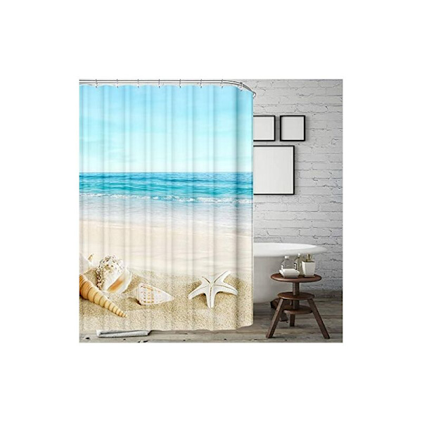 Antimug Anti-Mildew Strandbrusergardin, Vandtæt Stof Bruseforhæng Havbølge Strand Søstjerne Conch Bruseforhæng 150 x 180cm med 12 Plastik Ring Hoo