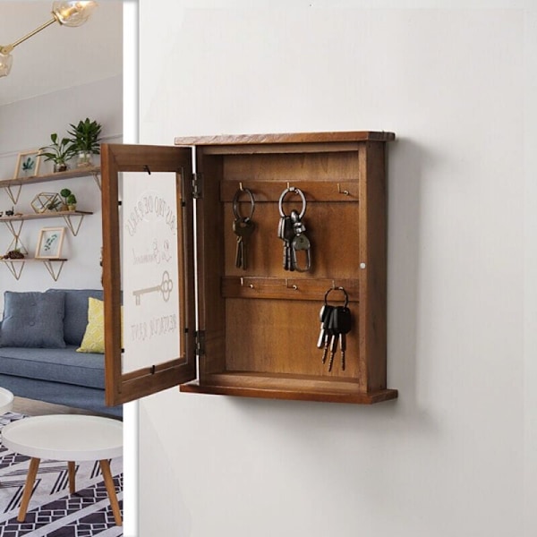 Retro nyckelskåp i trä för väggmontering, rustikt hus med hängande dörr, antik färg