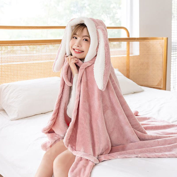 Kvinnors huvtröja filt flickor mjuk varm bärbar filt wrap cape söta kaninöron huvtröja filt cape med fickor (rosa)