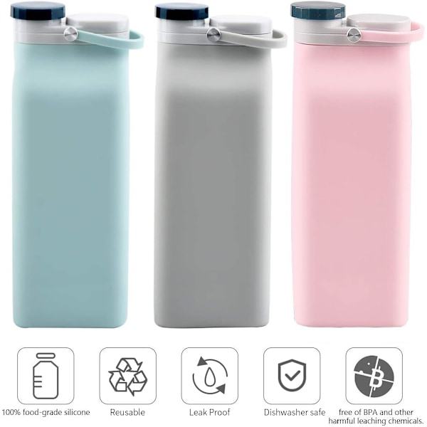 Hopfällbar Vattenflaska, BPA-fri - 590 ml Hopfällbar Vattenflaska för Resor, Sportvattenflaska, Trippel Läcksäker Lättviktig (Rosa)