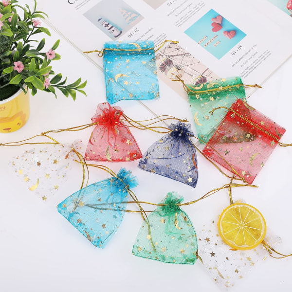 100 stk. organza gaveposer (blandet farver), 7x9cm måne stjerne organza poser, mesh gaveposer, smykke gaveposer med snøretræk, jule slikpose