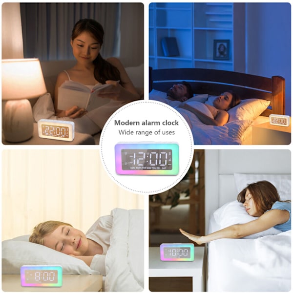Lätt LED LED LED-lampa Vattenklocka Spegelyta Nattlampa Med 2 Alarm Timerfunktion Stöd för 8 Ljuslägen Volym/Justerbar Ljusstyrka