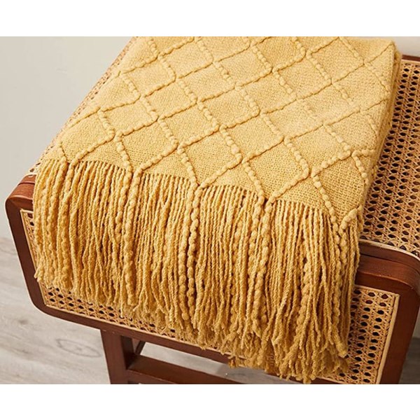 127x180cm Yellow, 1 Piece Knitted Sofa Blanket Small Couch Blanket, Soft Fleece Blanket Knitted Blanket Pompom Air Conditioning Car Blanket for Couc