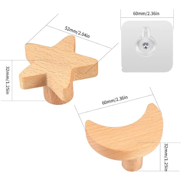 4 kpl Patere Wood Wall, Seinäkoukut Lapsille, Seinätakki, Itsekiinnittyvät Seinäkoristekoukut Kaappiin, Keittiöön, Kylpyhuoneeseen, Makuuhuoneeseen - Tähdet ja Kuu -sh