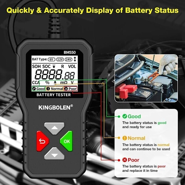 6V 12V 24V AUTO Batteritester, BM550 100-2000 CCA 2-200Ah Automotive Alternator Tester Digital Batteri Analysator til Bil/Lastbil/Motorcykel/ATV/SUV/Båd/