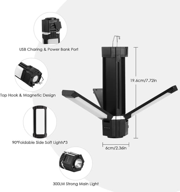 Campinglys - Oppladbar LED-campinglys - Elektrisk campinglys USB 5 moduser, 3000mAh bærbar powerbank, sammenleggbar