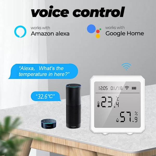 Intelligent temperatur- och fuktighetssensor - Termometer och trådlös wifi-hygrometer för hemmet, kontrollerad via Alexa-appen