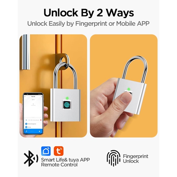 Silver - Fingeravtryckslås, Bluetooth APP-lås, Smartlås, Nyckellöst Biometriskt Lås för Ryggsäck, Cykel, Skåp i Skolan, Skåp i Gymmet.