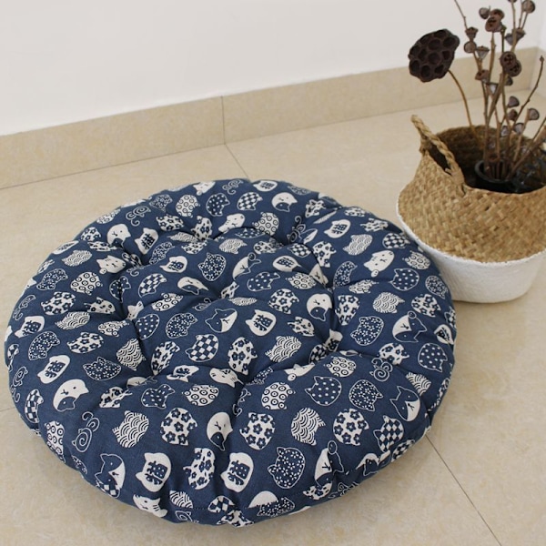 40 x 40 cm Rund Bomulls Stolpute Tykkere Pad Blå Katt Kontor Sittepute