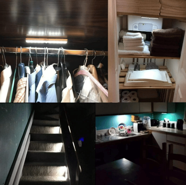 Tre 10 LED-skaplys, trådløst, USB-oppladbart, magnetisk, bevegelsessensor, 2 lysmoduser, bærbart. Skaplys, nødlys, barn'