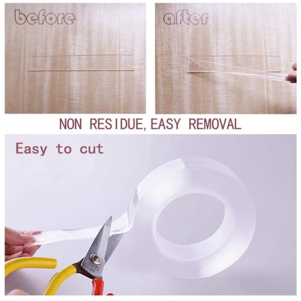 5m/16.4ft dobbeltsidig teip nano veldig motstandsdyktig (3cm2mm), transparent flyttbar monteringsstripe, solid gel-lim uten vaskbar a