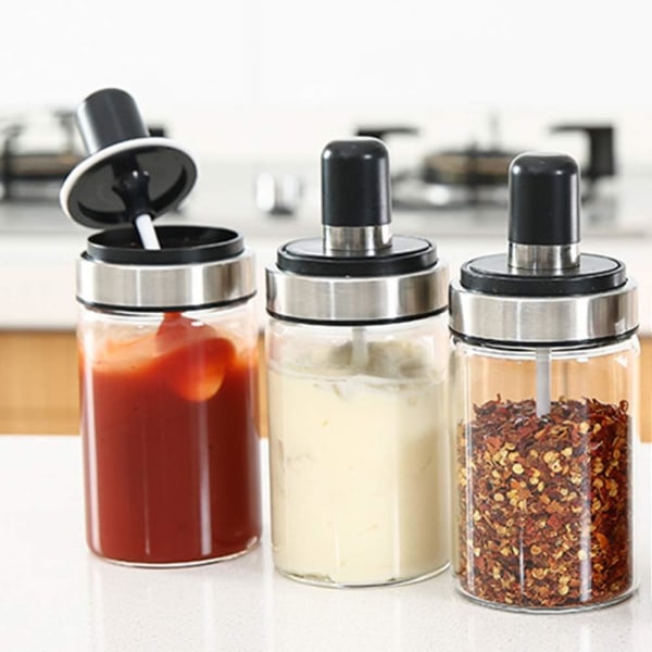 3 High Borosilicate Glass Spice Jars Seasonning Box Jar Condiment Jar, Combination Spoon and Lid Design, Premium Commercial Grade, Empty Jars 8.45 o