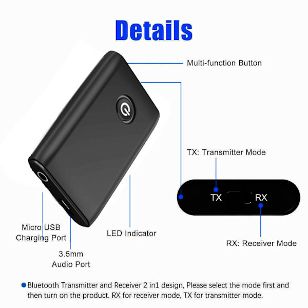 2 i 1 trådløs Bluetooth 5.0 sender og mottaker svart