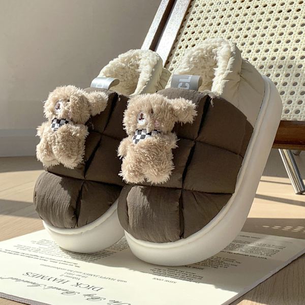 Bjørnesko tilbyr optisk varme kvinners fluffy bomullsslippers for hjemmebruk med ensfargede ID-bilder, enkle vanntette sko 24,5 cm