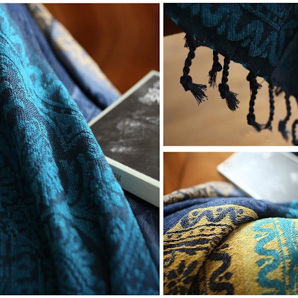 Chenille-pläd, Jacquard-tofsar, dekorativt sofföverdrag, dekorativt stolsöverdrag för soffa, säng, mjuk stol, folkligt tribalmönster (150 x 190 cm, blå)