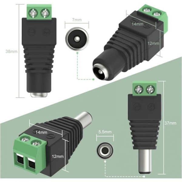 Sarja, jossa 10 kpl 5,5 mm x 2,1 mm DC-uros- ja naarasvirtaliittimiä 12 V:n adaptereita videovalvontakameran DVR-turvajärjestelmän LED-valolle