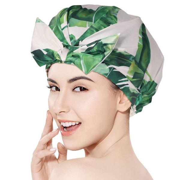 Genanvendelig brusebadshætte, Oversized Ribbon Bow svømmehætte med vandtæt yderside til alle hårlængder, Perfekt til pigers spa-hjemmebrug, (Blad)