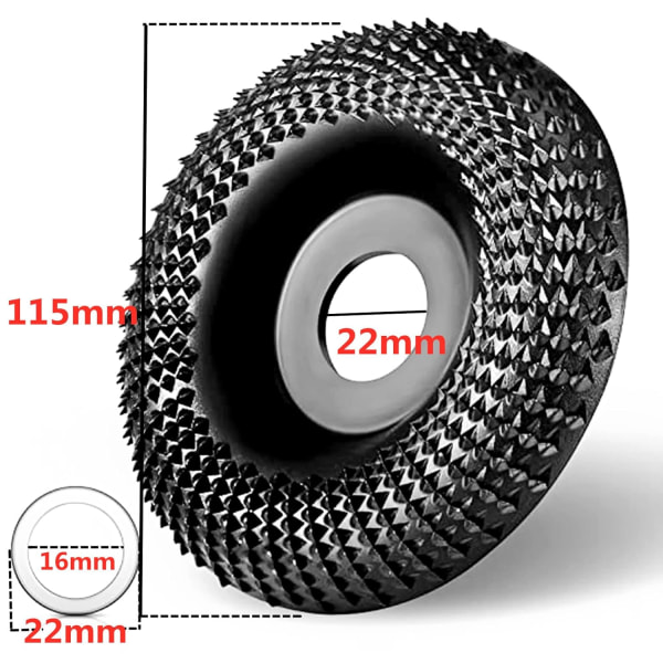 Træ slibeskive til vinkelsliber (diameter 115mm x 22mm eller 16mm), træskæreskive, kædesavskive (sort)