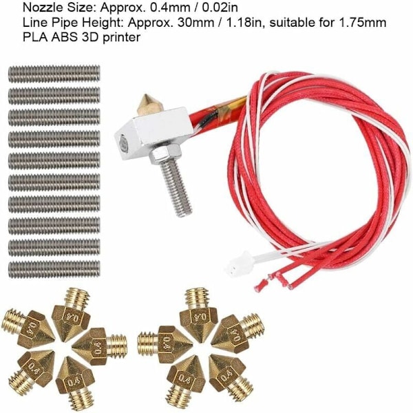 3D Printer Tilbehørssæt Varmeblok + 10 stk. 0,4 mm 3D Printerdyse + Rørhals til MK8, Anet A8, Alunar M508, CR7, V2