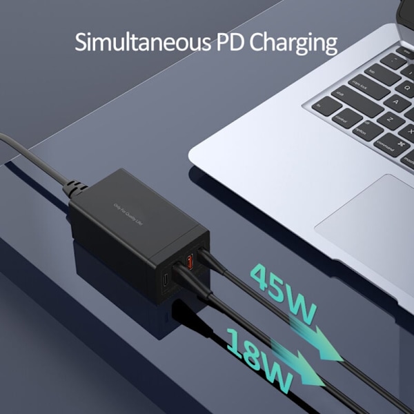 USB GAN 65 W laddstation 4-portars HUB med 4 portar snabbladdare QC4.0 QC PD3.0 PD USB Väggladdare Typ-C för smartphones, surfplattor, laptops och mer