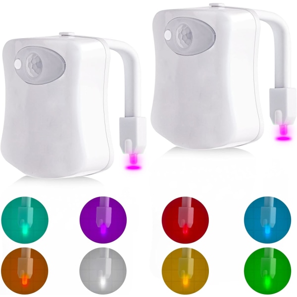 Toalettljus rörelsesensor, 2-pack toalettljus 8 färger LED nattljus batteridriven rörelsesensor för badrum toalett