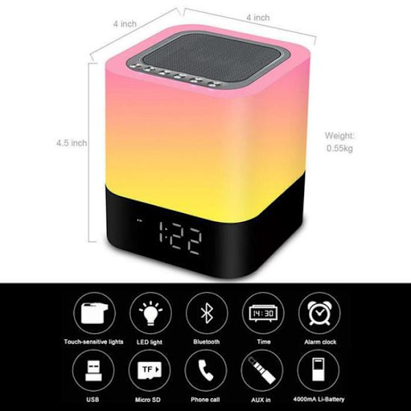 Trådlös Bluetooth-högtalare med touchkontroll, flerfärgad LED-sänglampa, väckarklocka, MP3-spelare