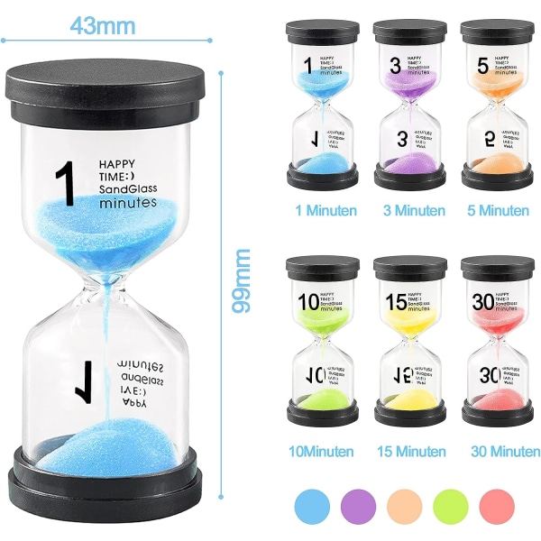 Sett med 6 timeglass, farget timeglass gjennomsiktig glasssett, sandklokke 1 min/3 min/5 min/10 min/15 min/30 min - timeglasstimer, timertimer, kjøkkentimer, for tannpuss