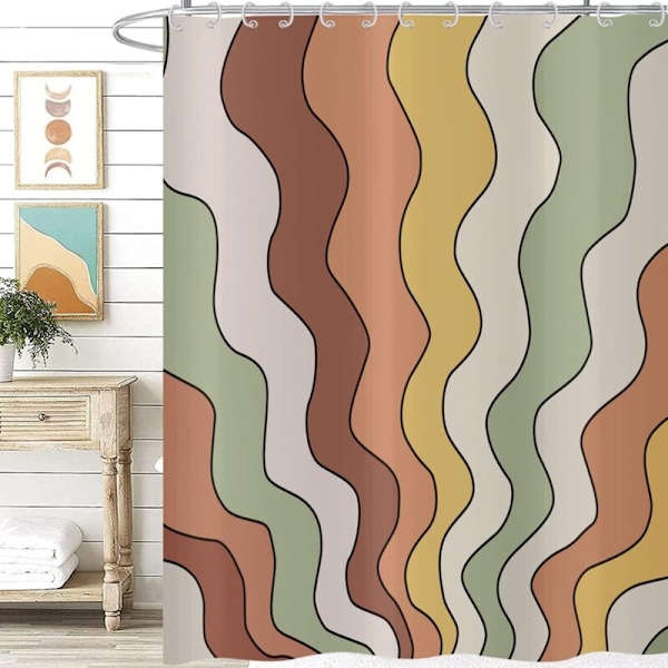 Retro Vintage Groovy Retro Bruseforhæng 180x180, Farverig orange æstetisk gul Hpipie Trippy Mid Century ABSTRAGE Kunst Vandtæt Badekar Vaskbart