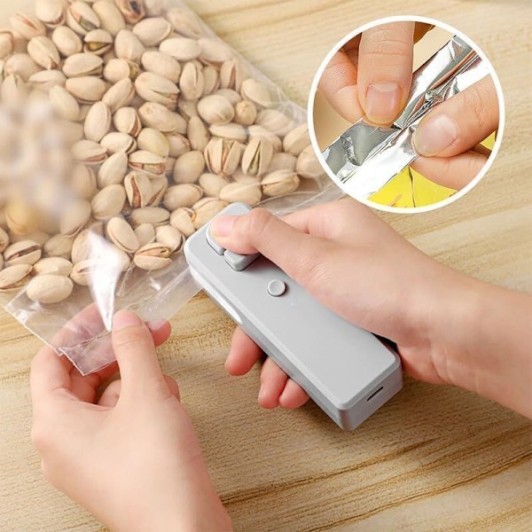 Mini magnetisk 2-i-1 vakuumforseglingsmaskine, varmforseglende bærbar maskine til vakuummad til plastikposer, USB-opladning, hvid