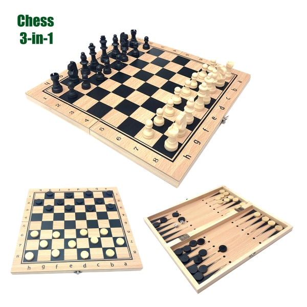 34*34 cm skak-, dam- og møllespilsæt 3 i 1 sammenfoldelig europæisk-amerikansk skak-klistermærke i træ, multifunktionelt sort og hvidt skaksæt