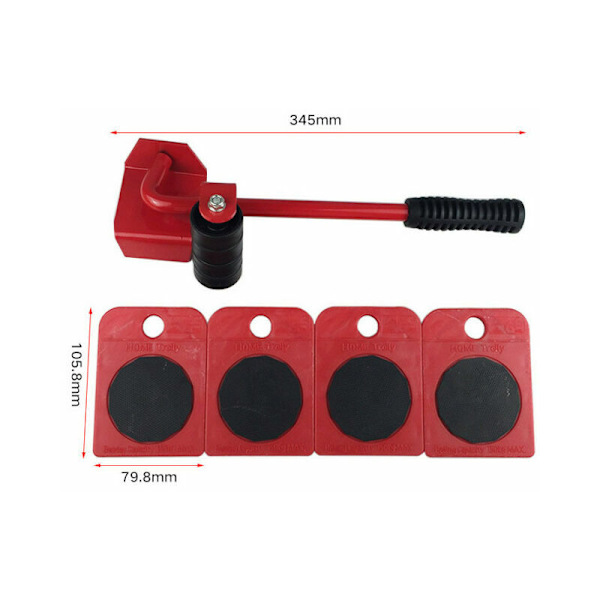 Caster Wheel Furniture Moving Moving Tool Heavy Stuffs Moving Roller med 4 hjul og 1 hjulstang - Rød