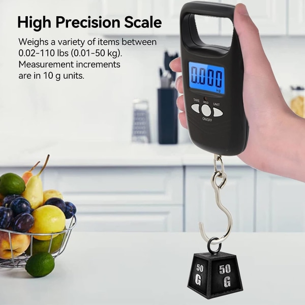 Bagagevåg 110lb/50kg, Bärbar Elektronisk Vågskärm LCD Bakgrundsbelyst Digital Fiskvåg för Fiske, Väg Resväska, Resor, Hembruk