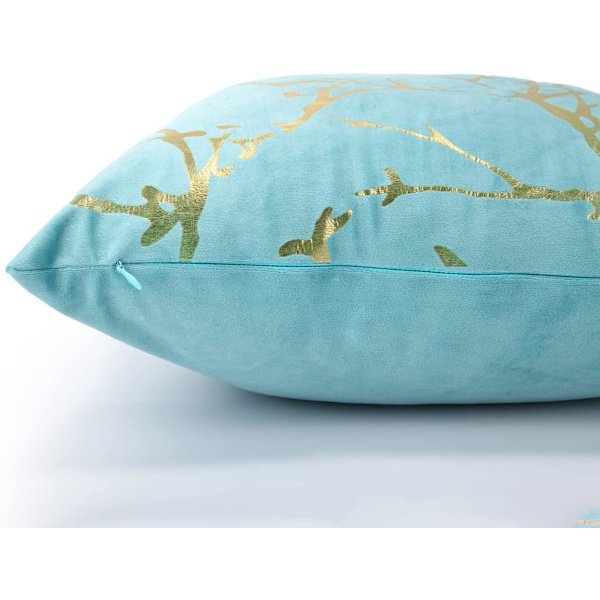 Blå 45x45 cm, Set med 2 Sammet Kuddfodral för Soffa, Sovrum, Bil med Gyllene Gren Dekorativa Kuddfodral