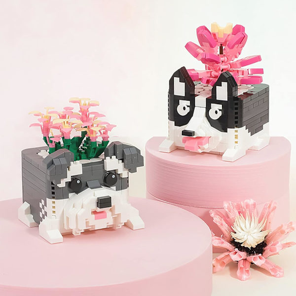 Miniature byggesæt, hund og blomst, DIY mini 3D byggesæt, 466 dele (Husky, Agave)