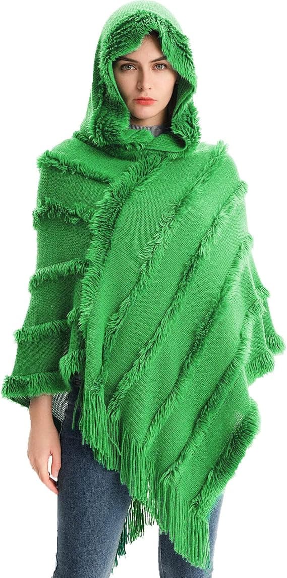 Vinter Sjal Sjal Oversized Hette Cape Dame Elegant Cape Skjerf Genser Pullover Lang Strikket Varm Genser Cape(grønn)