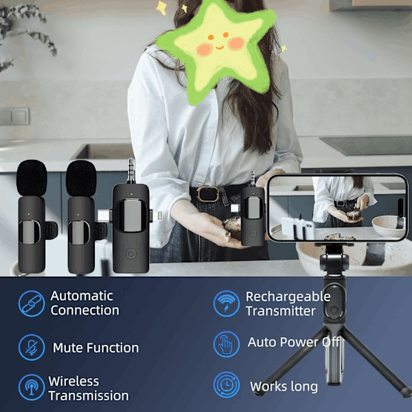 Trådlös Lavalier Mikrofon för iPhone/Android Telefon/Kamera/Laptop