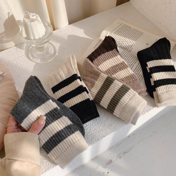 5 pairs of striped comfortable stockings for men and women, warm and breathable mid-calf socks