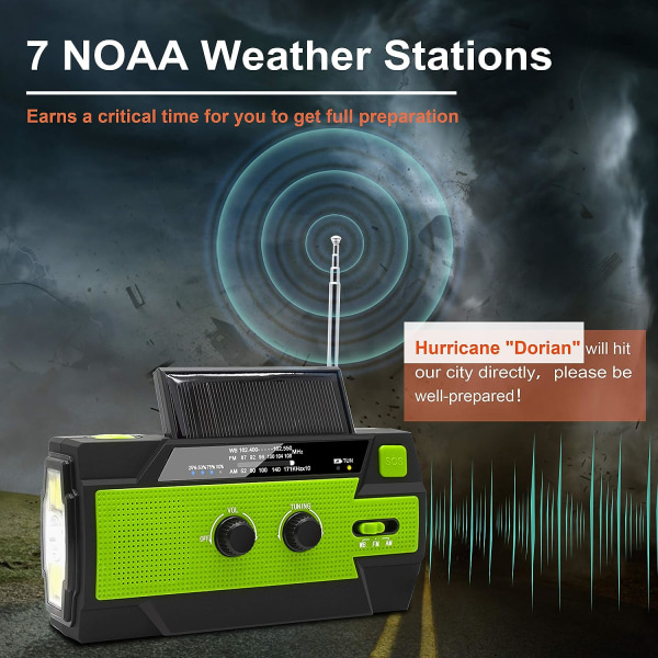 Nødsveiv værradio, 4000mAh solar håndsveiv bærbar AM/FM/NOAA med 1W 3-modus lommelykt og bevegelsessensor leselys