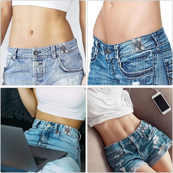 2 sarjaa säädettävää denim-vyön pidennintä (valkoinen), irrotettavat denim-napit, löysät denim-housut, helmiäisdesign vyötärön pidenninnapit, jotka sopivat ins