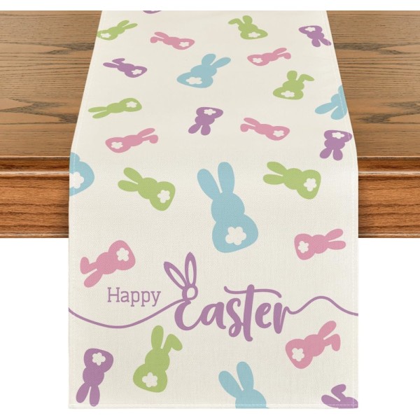Pattern Bunny Doll Color Happy Easter Pöytäliina, Kauden kevätloman keittiön pöytäsisustus, Soveltuu kotijuhliin 33x183cm