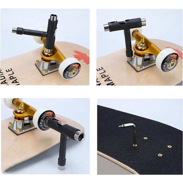 Skate værktøj, multifunktionelt skateboard værktøj i T-form, med unbrakonøgle med L-kruciform skruetrækker, bruges til fejlfinding og vedligeholdelse af skatebo