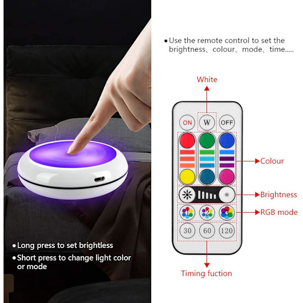 Trådløse LED-lys under skap, USB-oppladbare, RGB-fjernkontroll, justerbar lysstyrke, for kjøkken, bokhylle, utstillingsvindu, pantry. (6 stk)（6,5